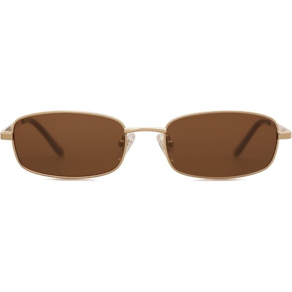 ✨Women's Brown Small Narrow Rectangle Retro 80s 90s Skinny Sunnies Sunglasses - Picture 1 of 5